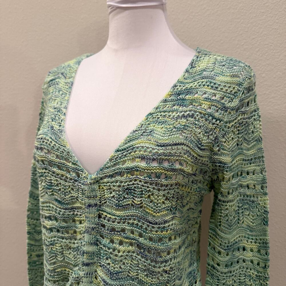 Mint Green Open Knit Ruched Sweater Long Bell Sleeves Scalloped Hem V Neck Airy - Picture 4 of 10